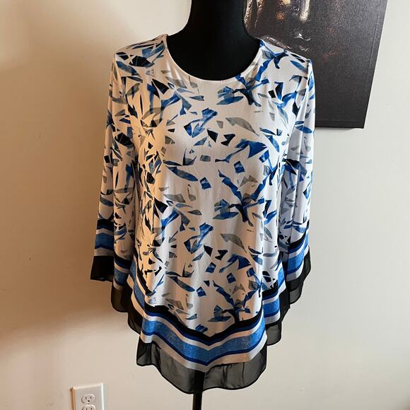 Alfani women's blouse PL Cobalt Broken Mirror Print Bell Sleeve handkerchief - Picture 2 of 16